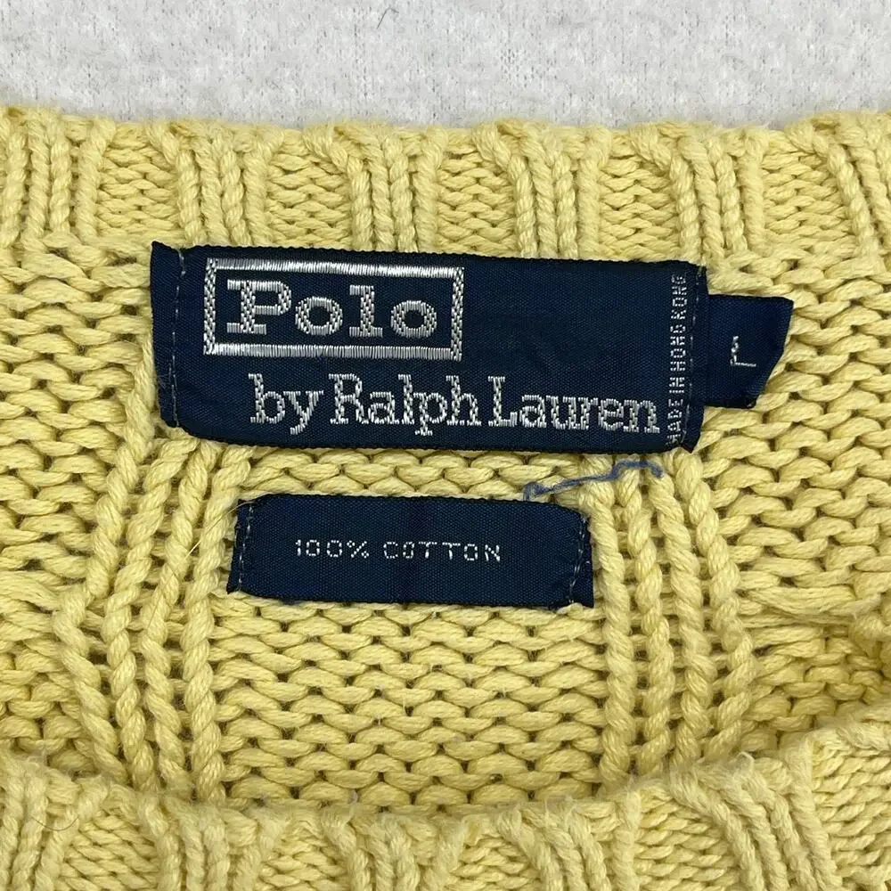 POLO RALPH LAUREN Sweater Mens L Cable Jumper Pullover Cotton Yellow HK VTG